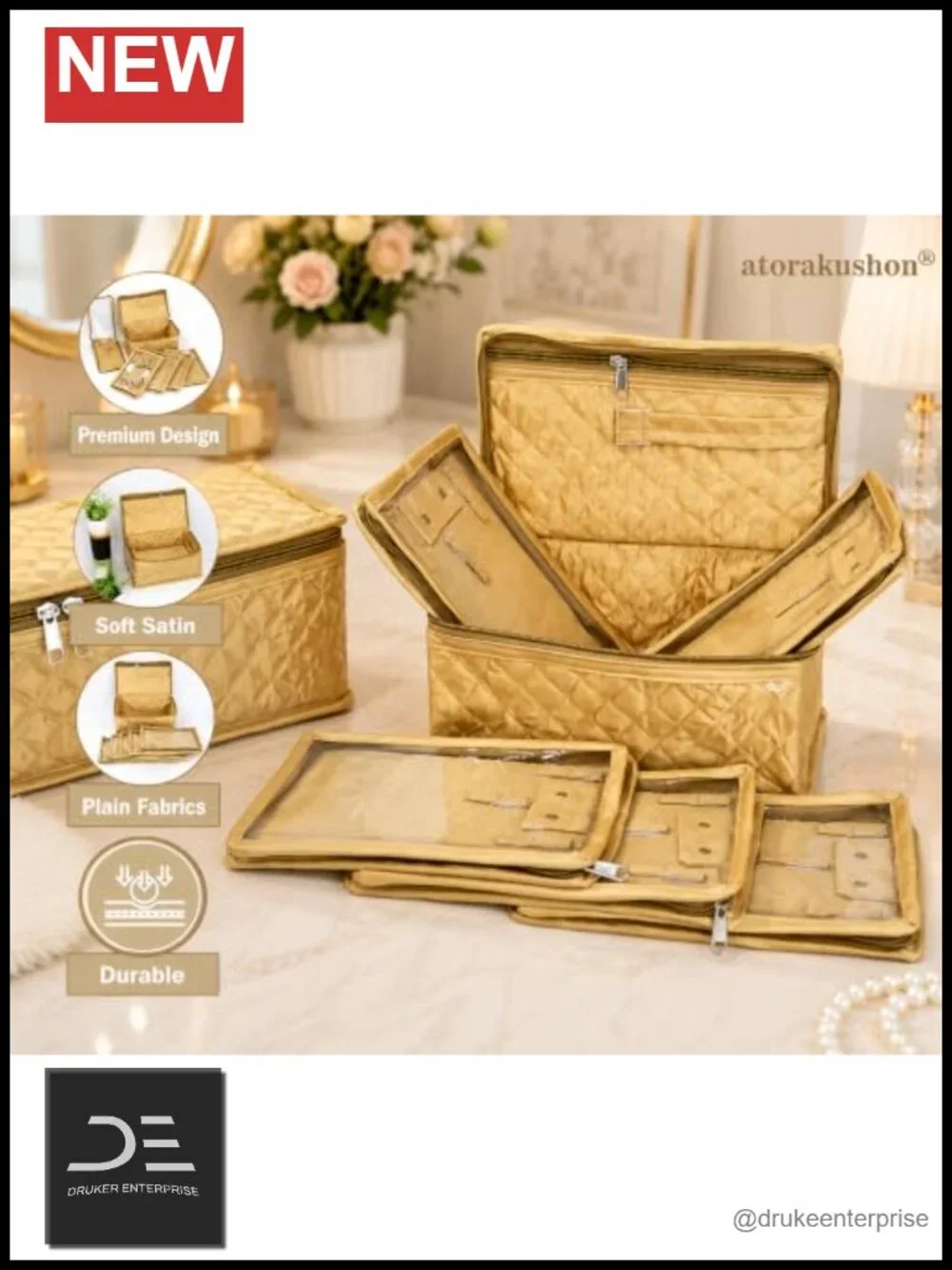 Set of 5 Satin Cosmetic Makeup Jewelry Organizer Pouches